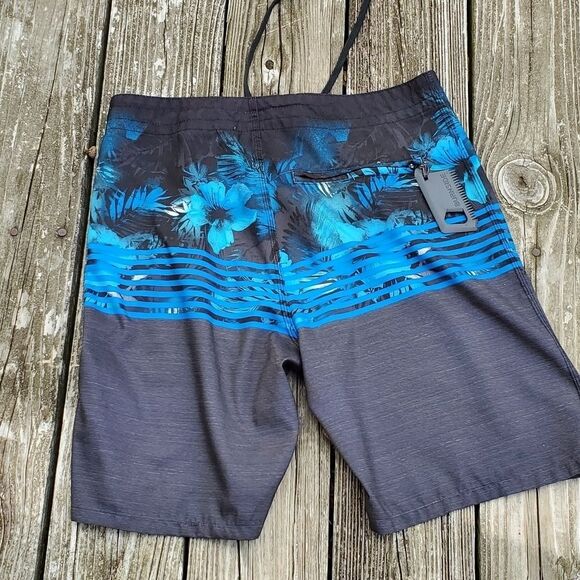 Burnside Men Sz 30 Board Shorts Swim Trunk Blue Black Drawstring Zip Pocket - Picture 2 of 9